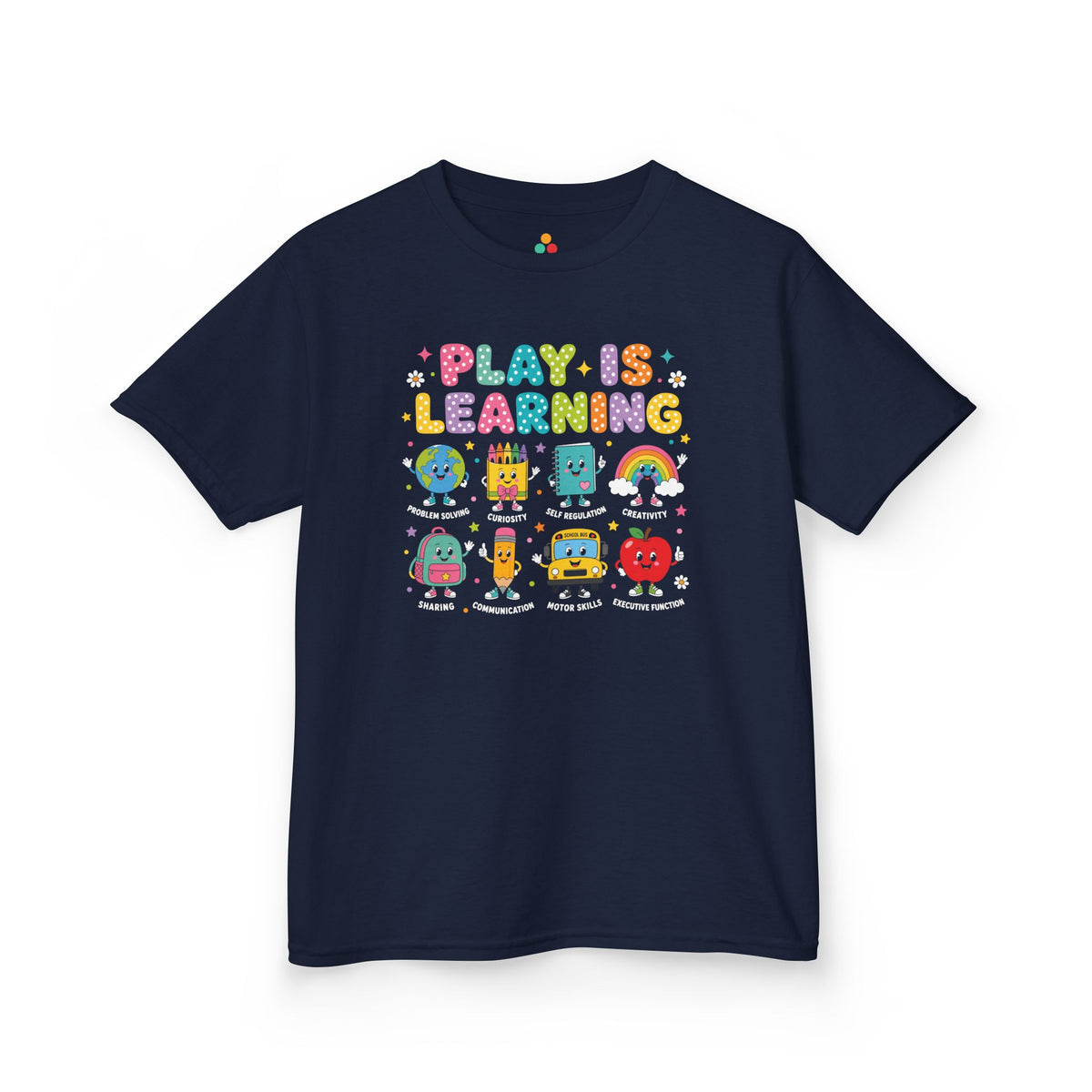 Navy TEEZOCA Play Is Learning kids shirt, a matching back to school tee for first-day-of-school photos.
