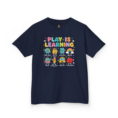 Navy TEEZOCA Play Is Learning kids shirt, a matching back to school tee for first-day-of-school photos.
