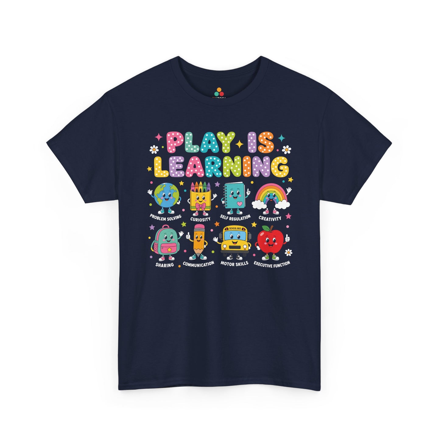 Navy TEEZOCA Play Is Learning shirt, a matching teacher tee for teacher appreciation and the first day of school.
