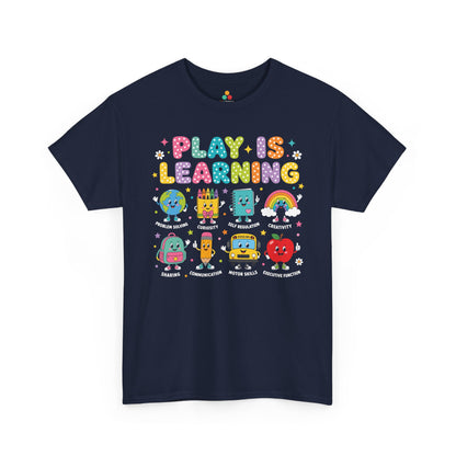 Navy TEEZOCA Play Is Learning shirt, a matching teacher tee for teacher appreciation and the first day of school.

