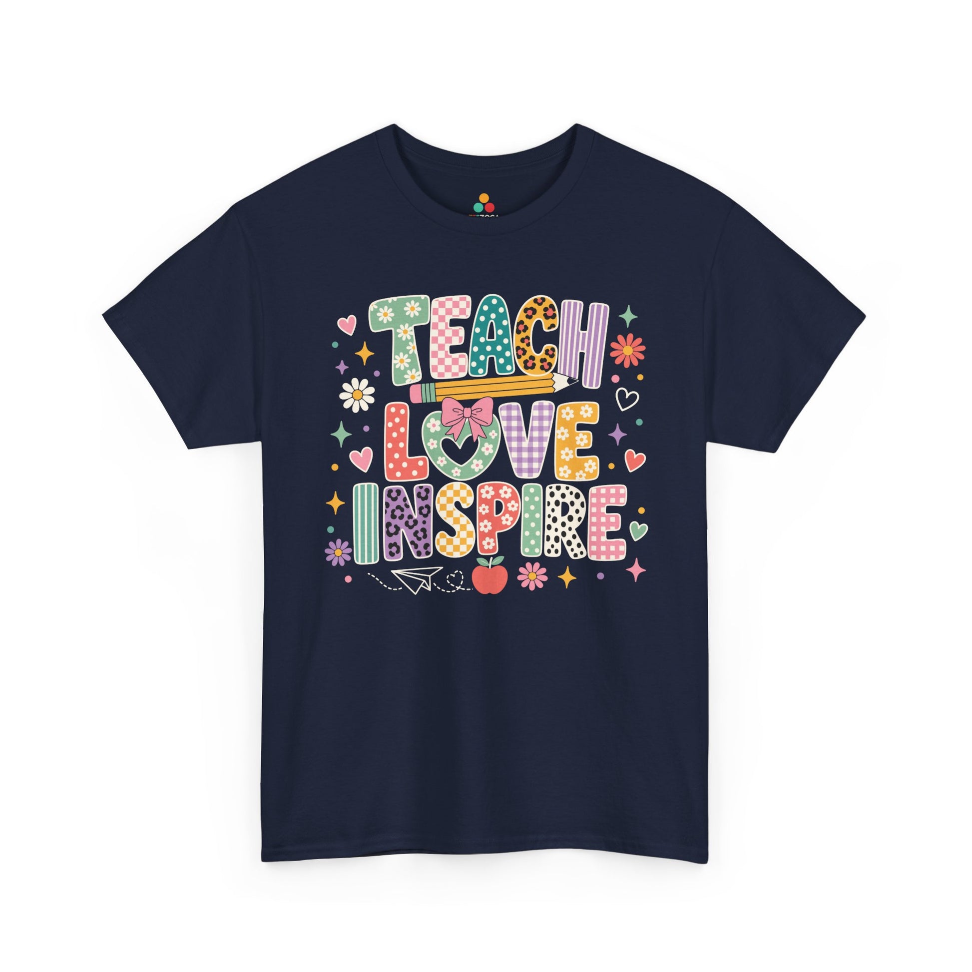 Navy TEEZOCA Teach Love Inspire shirt, a matching teacher tee for teacher appreciation and the first day of school.
