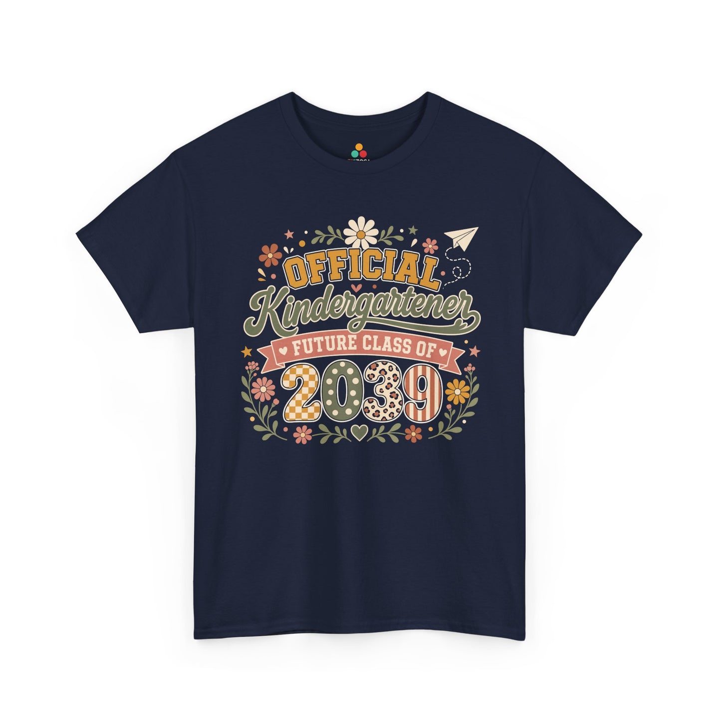 Navy TEEZOCA boho Official Kindergartener Future Class of 2039 shirt, a keepsake back to school tee for first-day photos.
