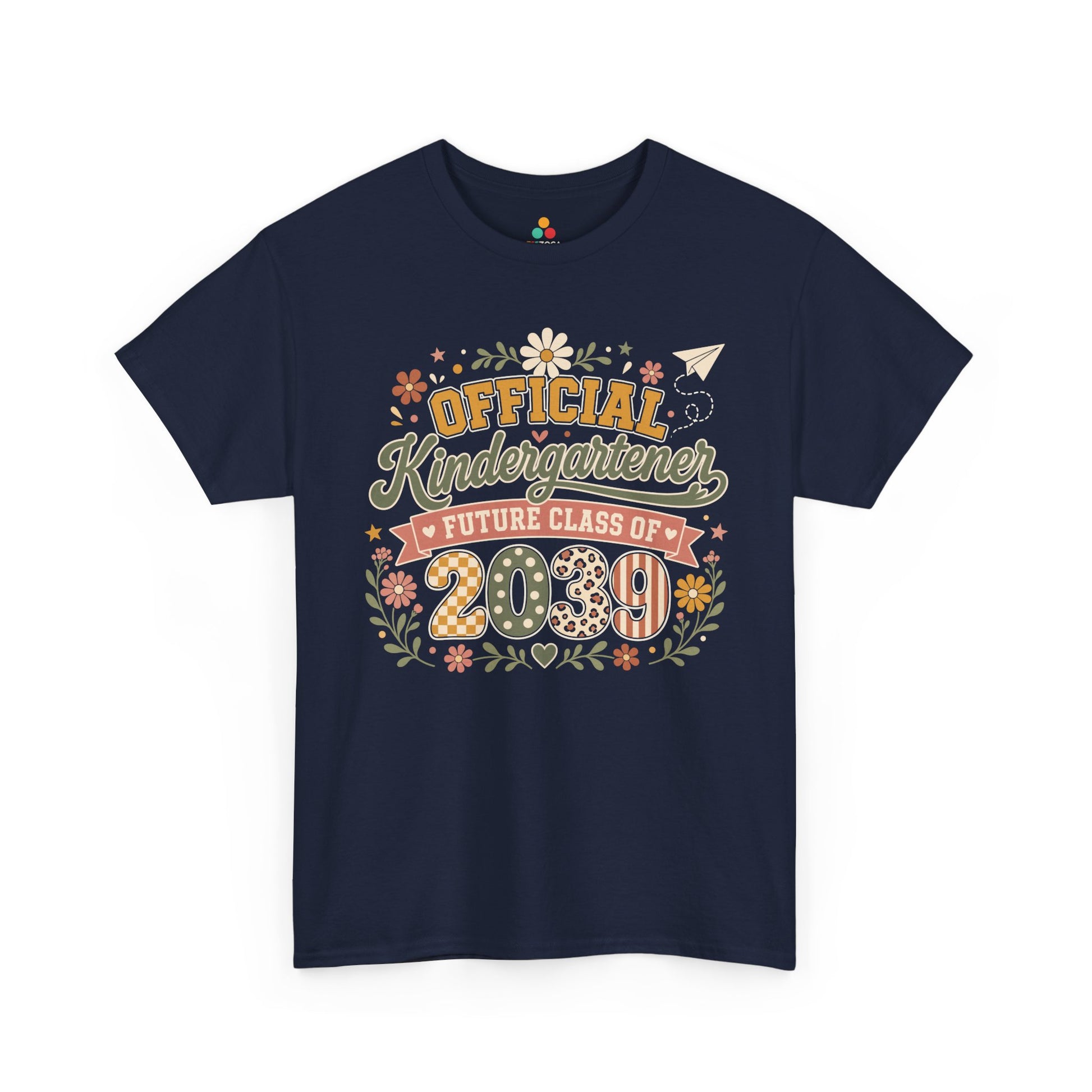 Navy TEEZOCA boho Official Kindergartener Future Class of 2039 shirt, a keepsake back to school tee for first-day photos.
