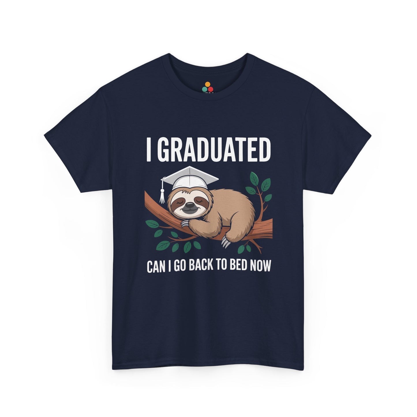 Navy TEEZOCA sloth graduation quote t‑shirt.