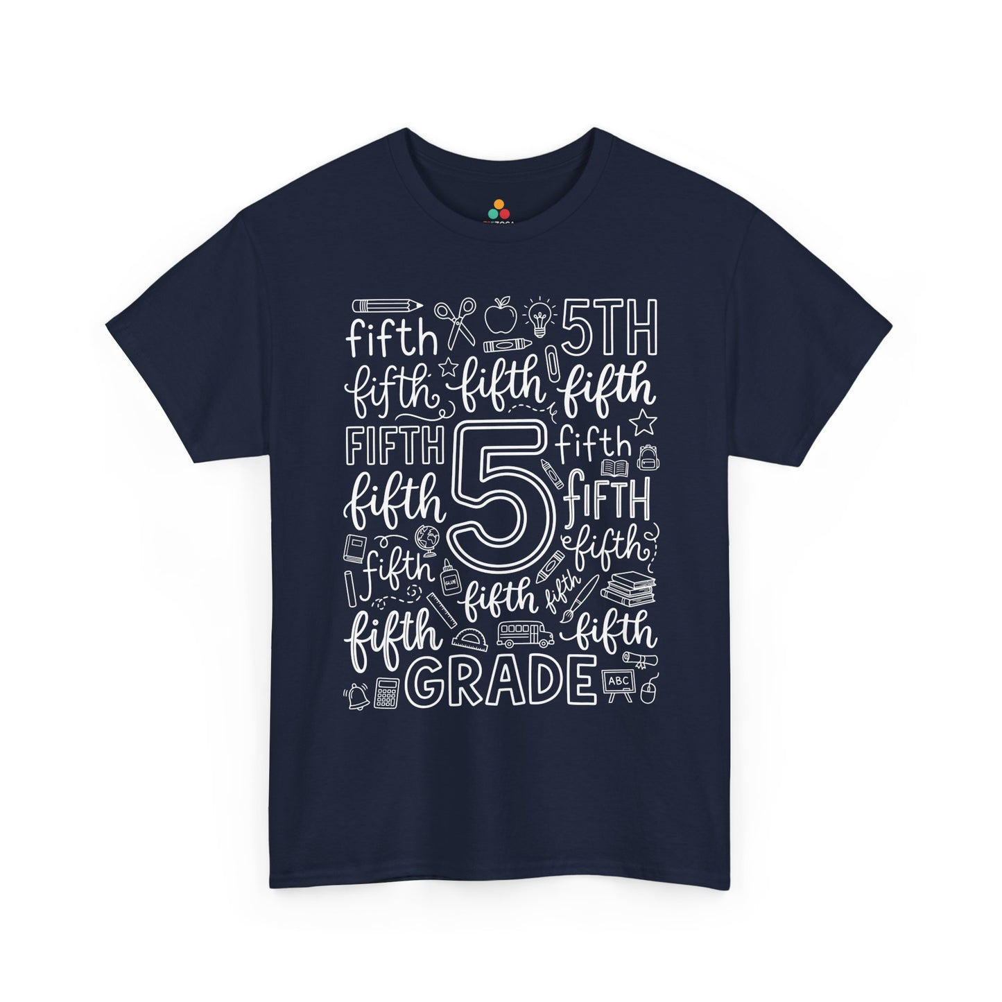 Navy TEEZOCA typography fifth grade tee, a matching teacher shirt for first-day-of-school photos.
