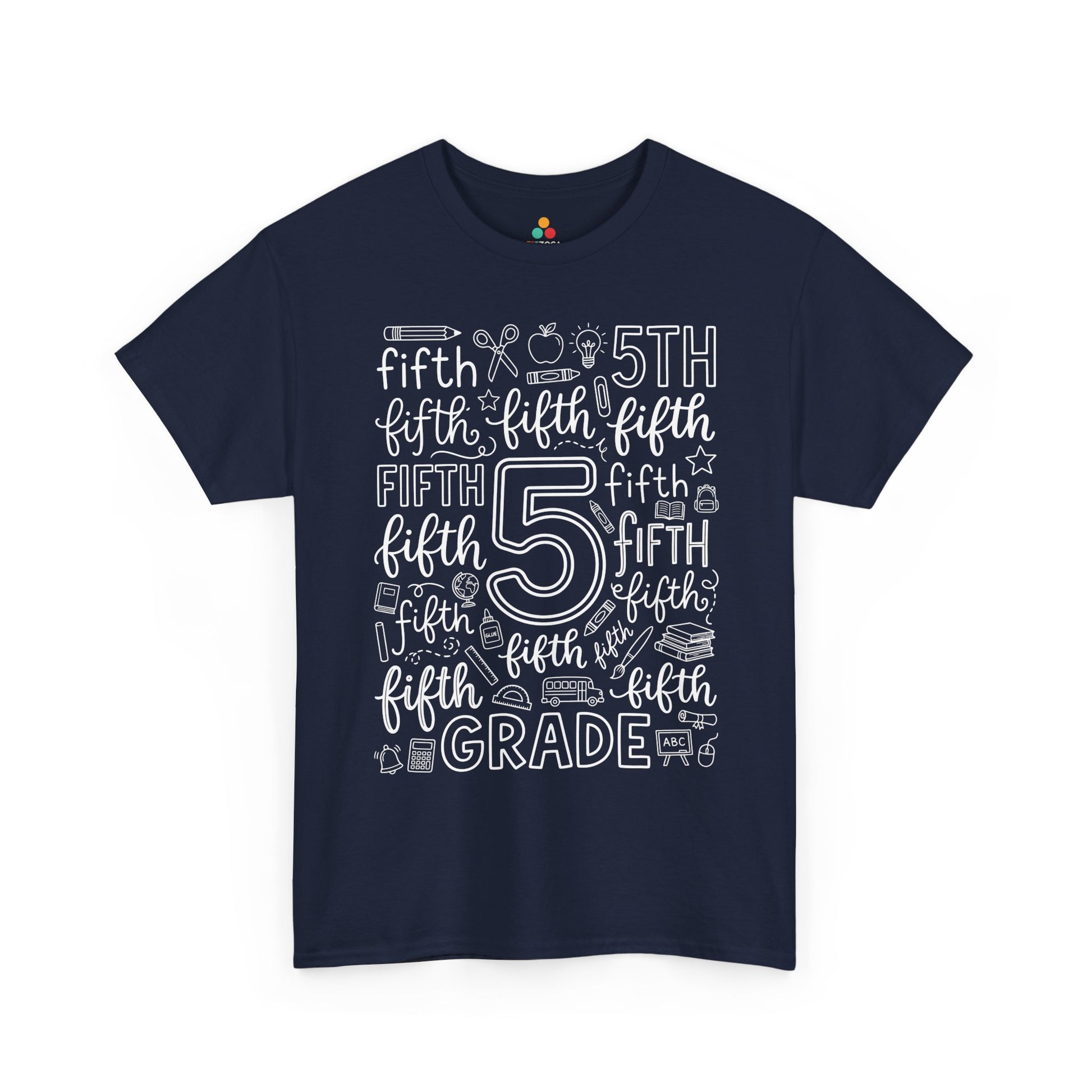 Navy TEEZOCA typography fifth grade tee, a matching teacher shirt for first-day-of-school photos.

