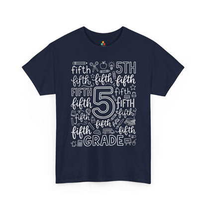 Navy TEEZOCA typography fifth grade tee, a matching teacher shirt for first-day-of-school photos.
