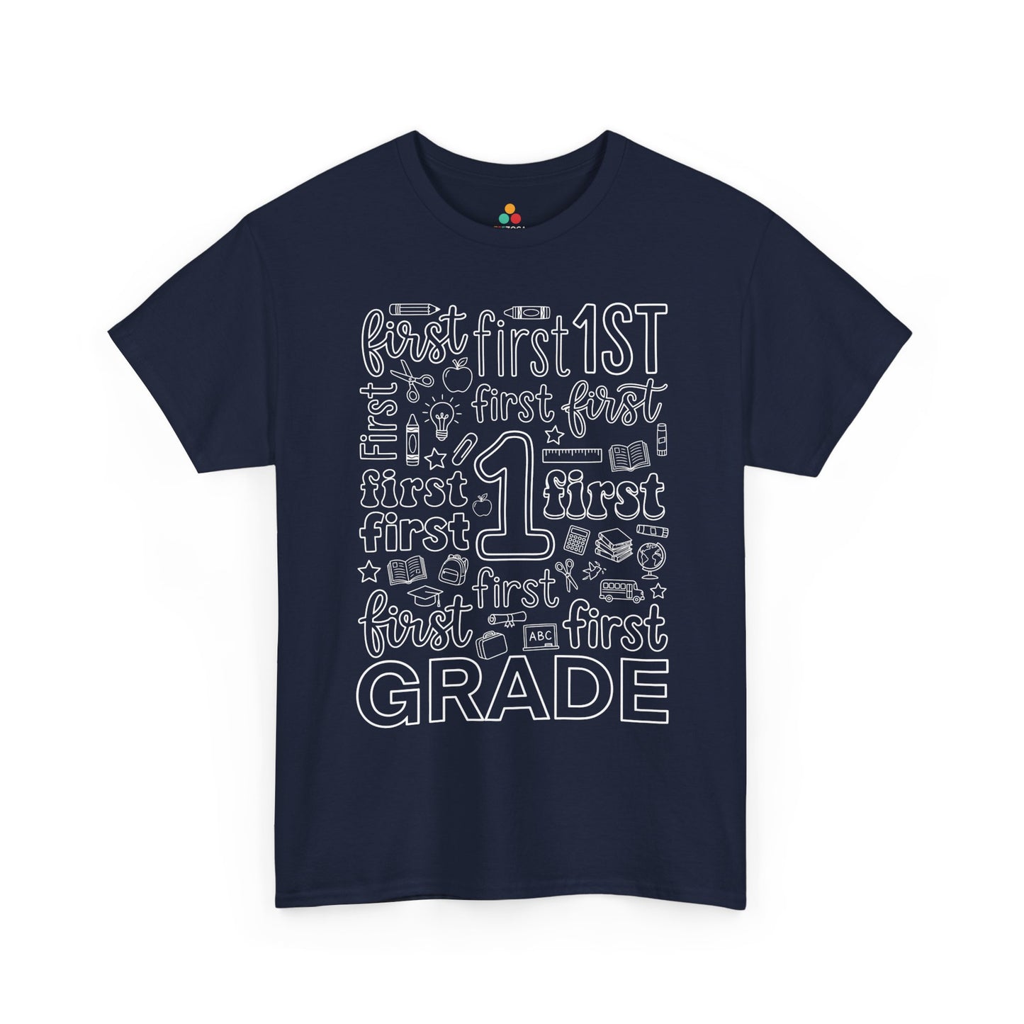 Navy TEEZOCA typography first grade tee, a matching teacher shirt for first-day-of-school photos.
