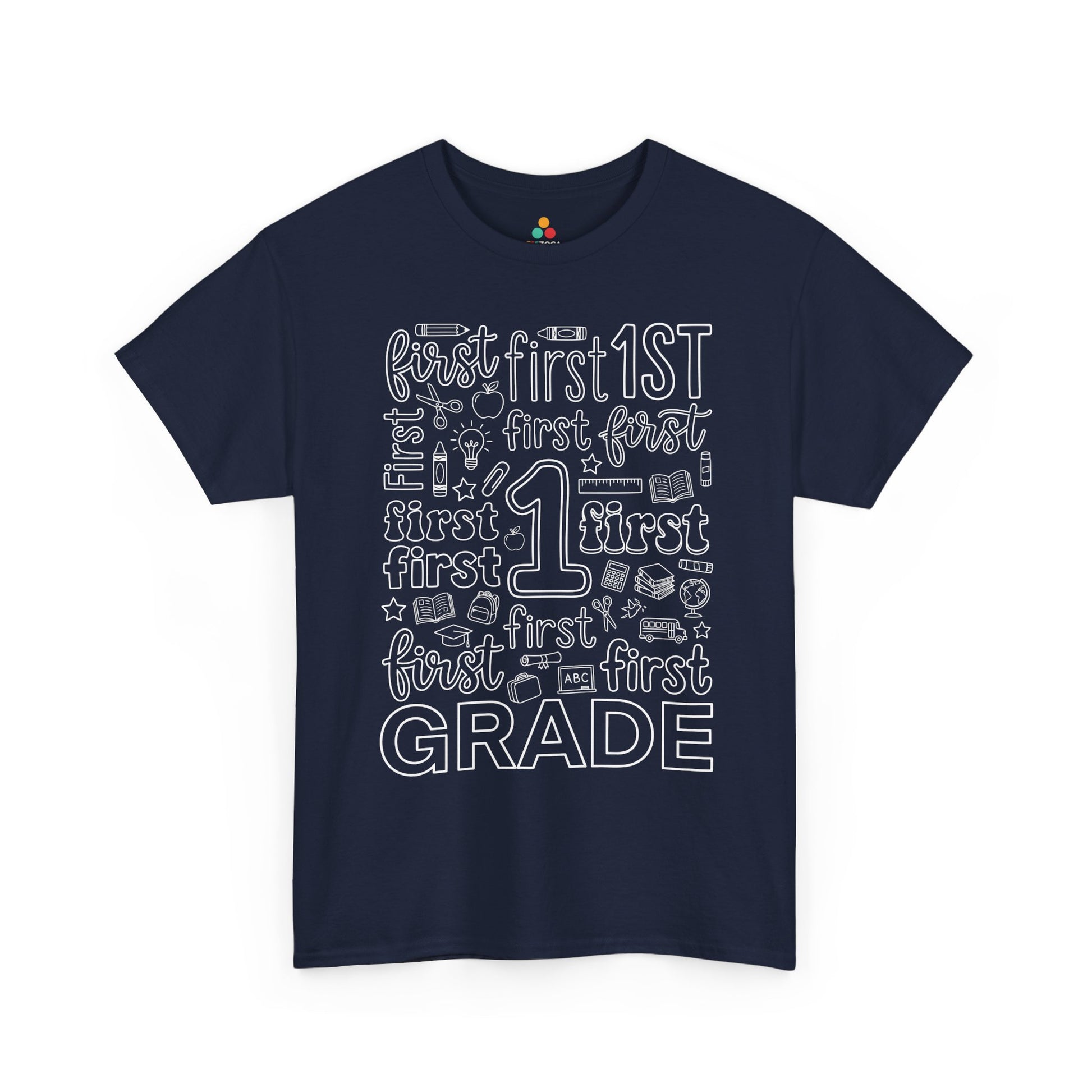 Navy TEEZOCA typography first grade tee, a matching teacher shirt for first-day-of-school photos.
