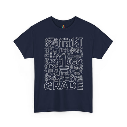 Navy TEEZOCA typography first grade tee, a matching teacher shirt for first-day-of-school photos.

