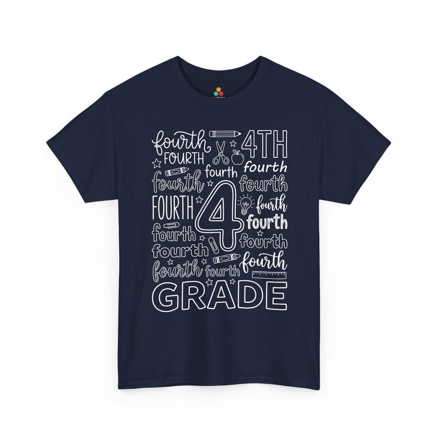 Navy TEEZOCA typography fourth grade tee, a matching teacher shirt for first-day-of-school photos.
