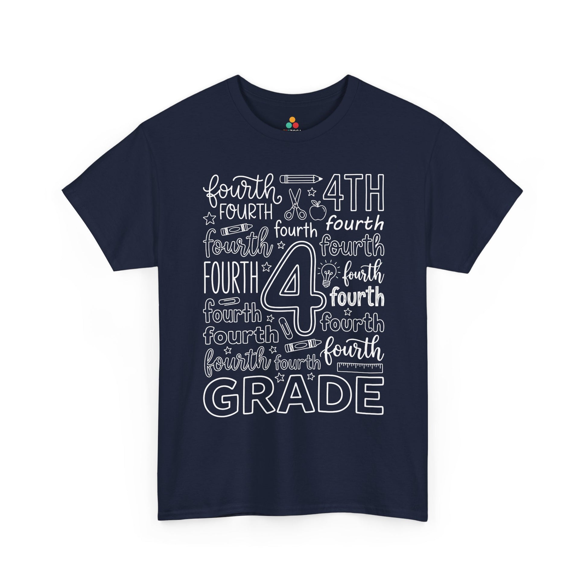Navy TEEZOCA typography fourth grade tee, a matching teacher shirt for first-day-of-school photos.
