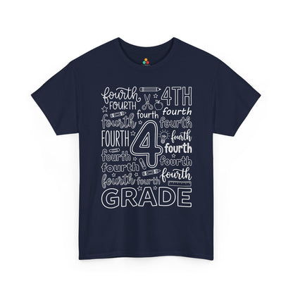 Navy TEEZOCA typography fourth grade tee, a matching teacher shirt for first-day-of-school photos.
