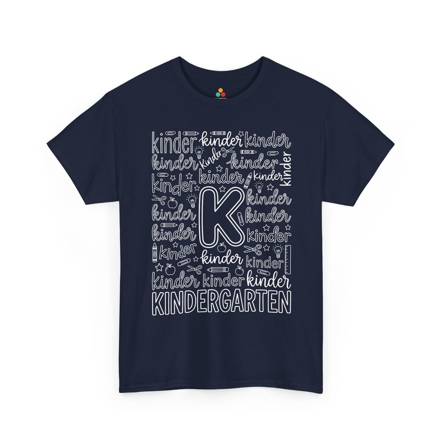Navy TEEZOCA typography kindergarten tee, a matching teacher shirt for first-day-of-school photos.
