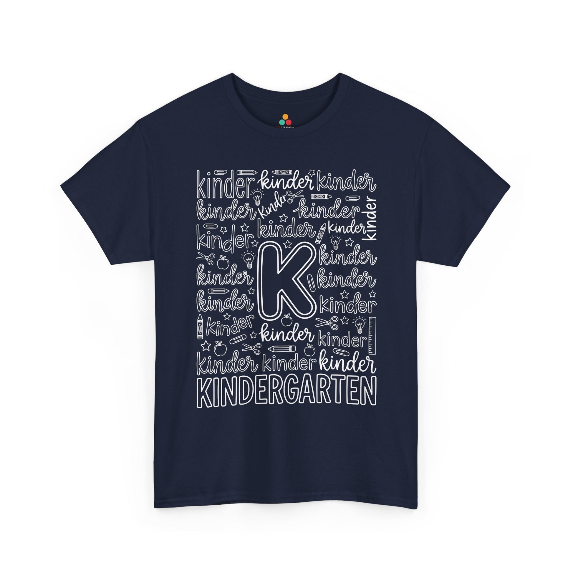 Navy TEEZOCA typography kindergarten tee, a matching teacher shirt for first-day-of-school photos.
