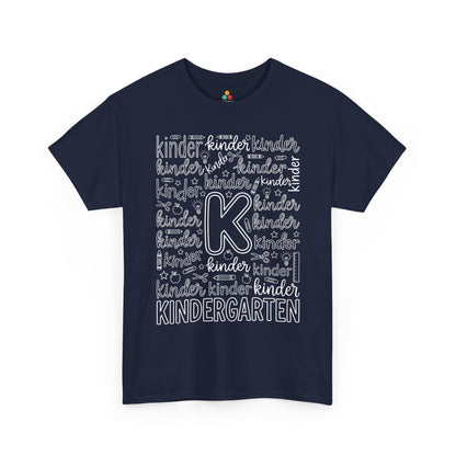 Navy TEEZOCA typography kindergarten tee, a matching teacher shirt for first-day-of-school photos.
