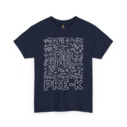 Navy TEEZOCA typography pre-k tee, a matching teacher shirt for first-day-of-school photos.
