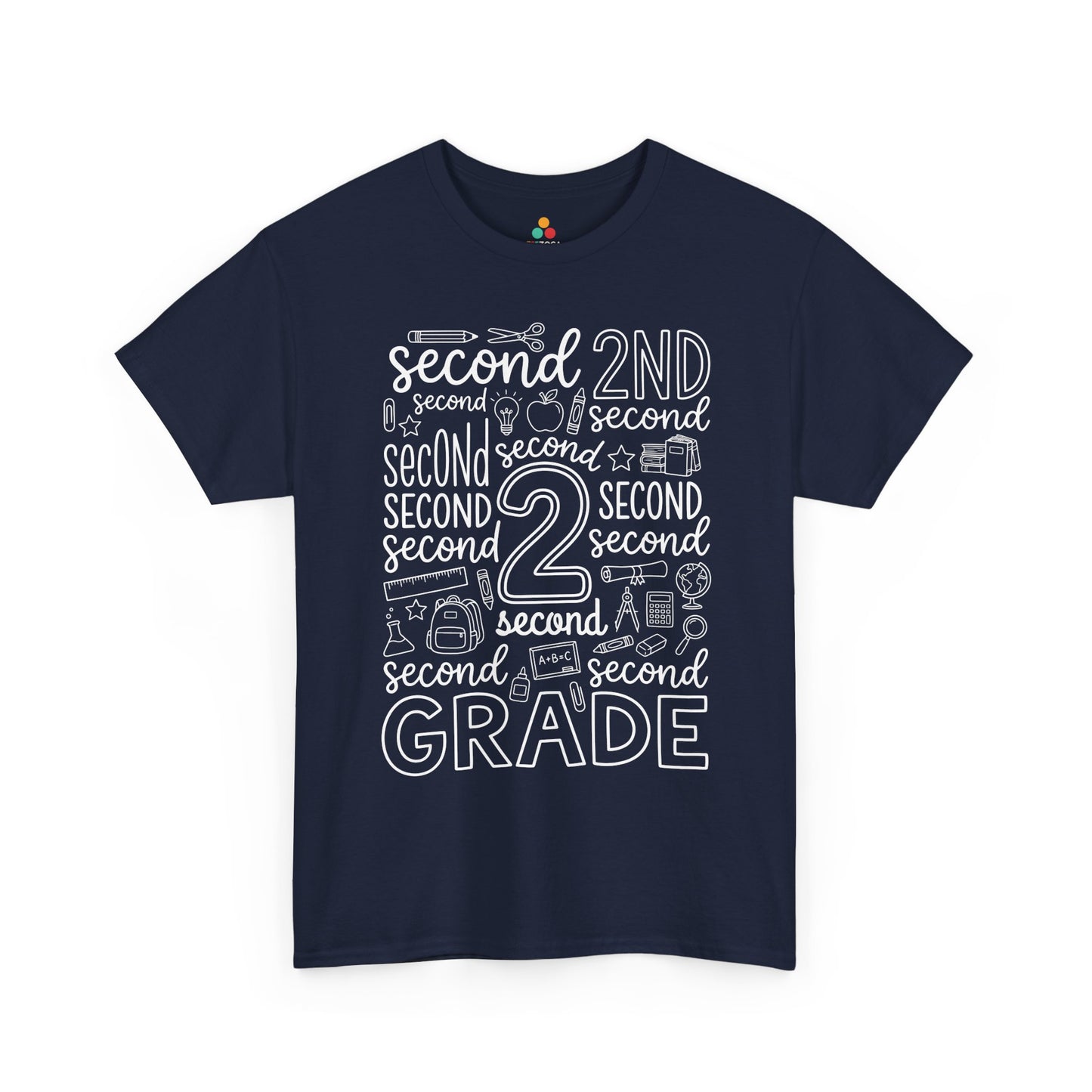 Navy TEEZOCA typography second grade tee, a matching teacher shirt for first-day-of-school photos.
