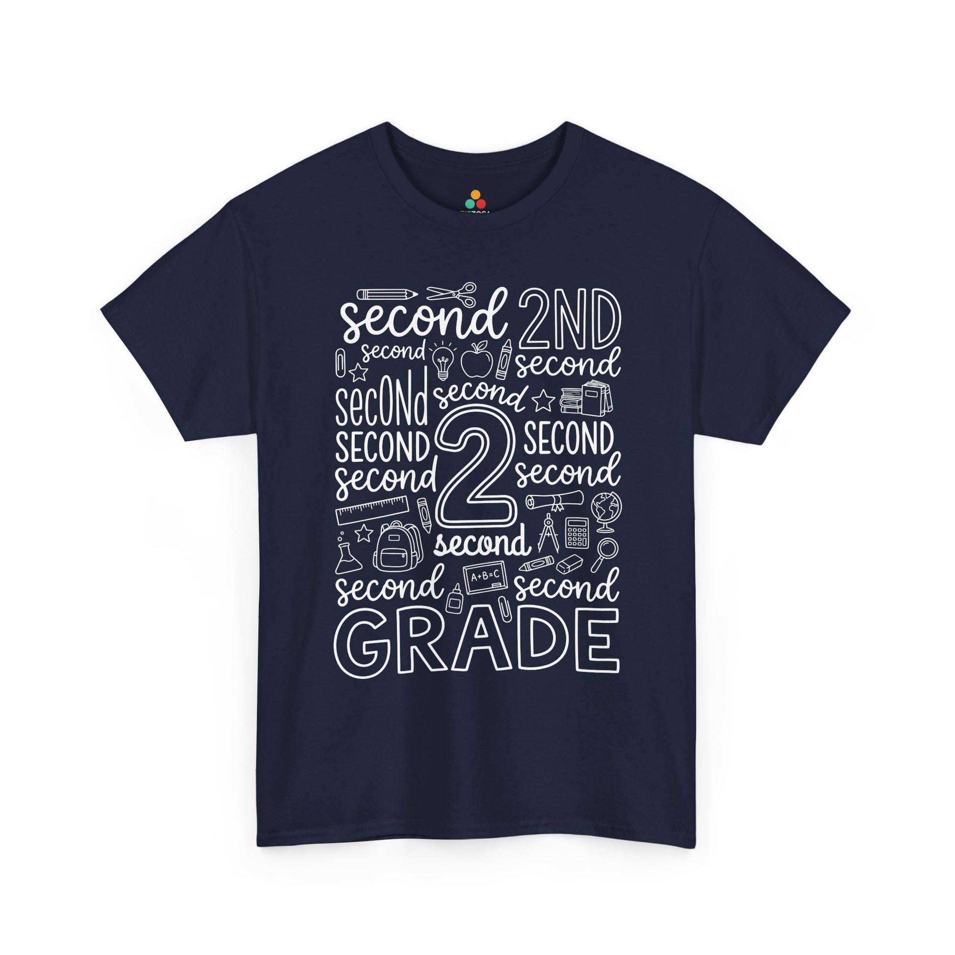 Navy TEEZOCA typography second grade tee, a matching teacher shirt for first-day-of-school photos.
