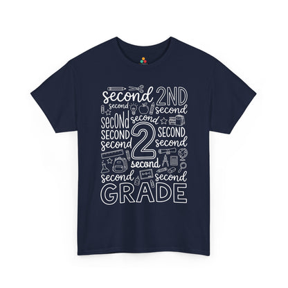 Navy TEEZOCA typography second grade tee, a matching teacher shirt for first-day-of-school photos.
