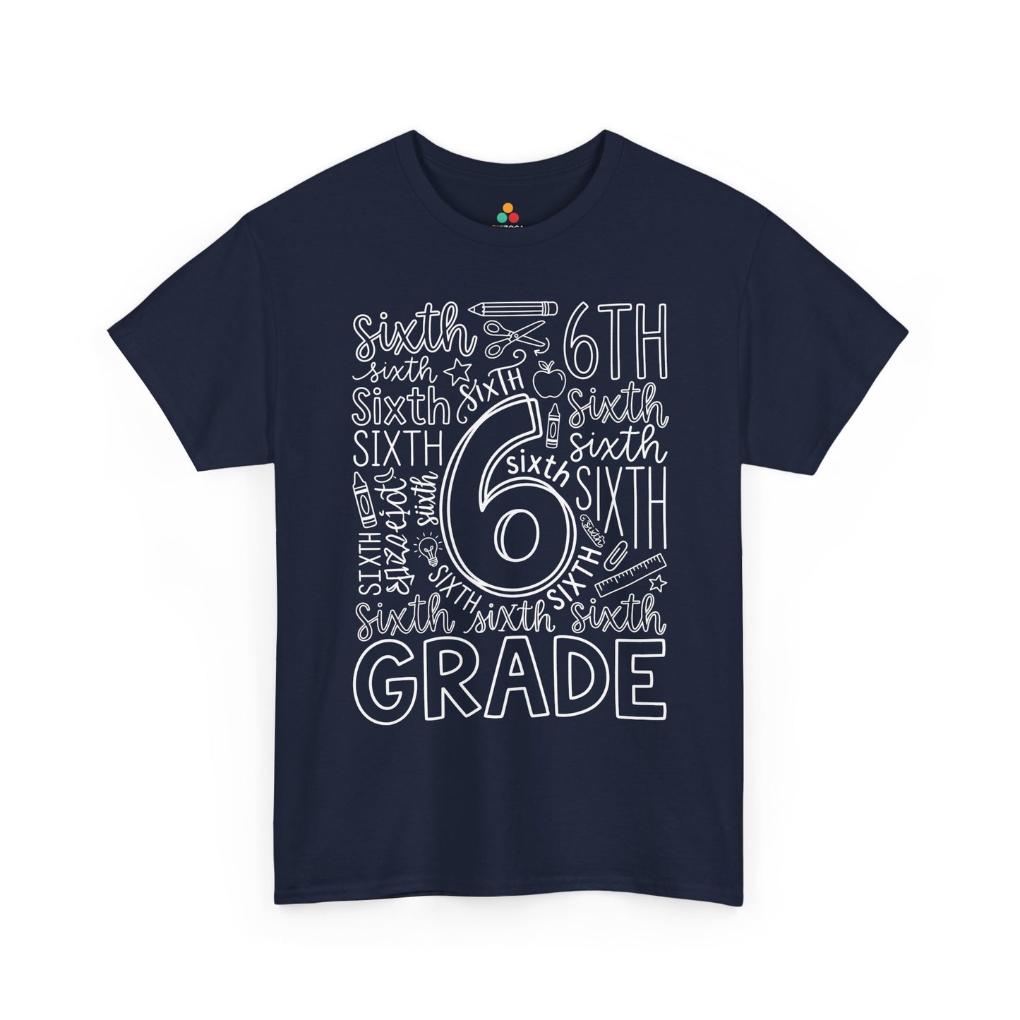 Navy TEEZOCA typography sixth grade tee, a matching teacher shirt for first-day-of-school photos.
