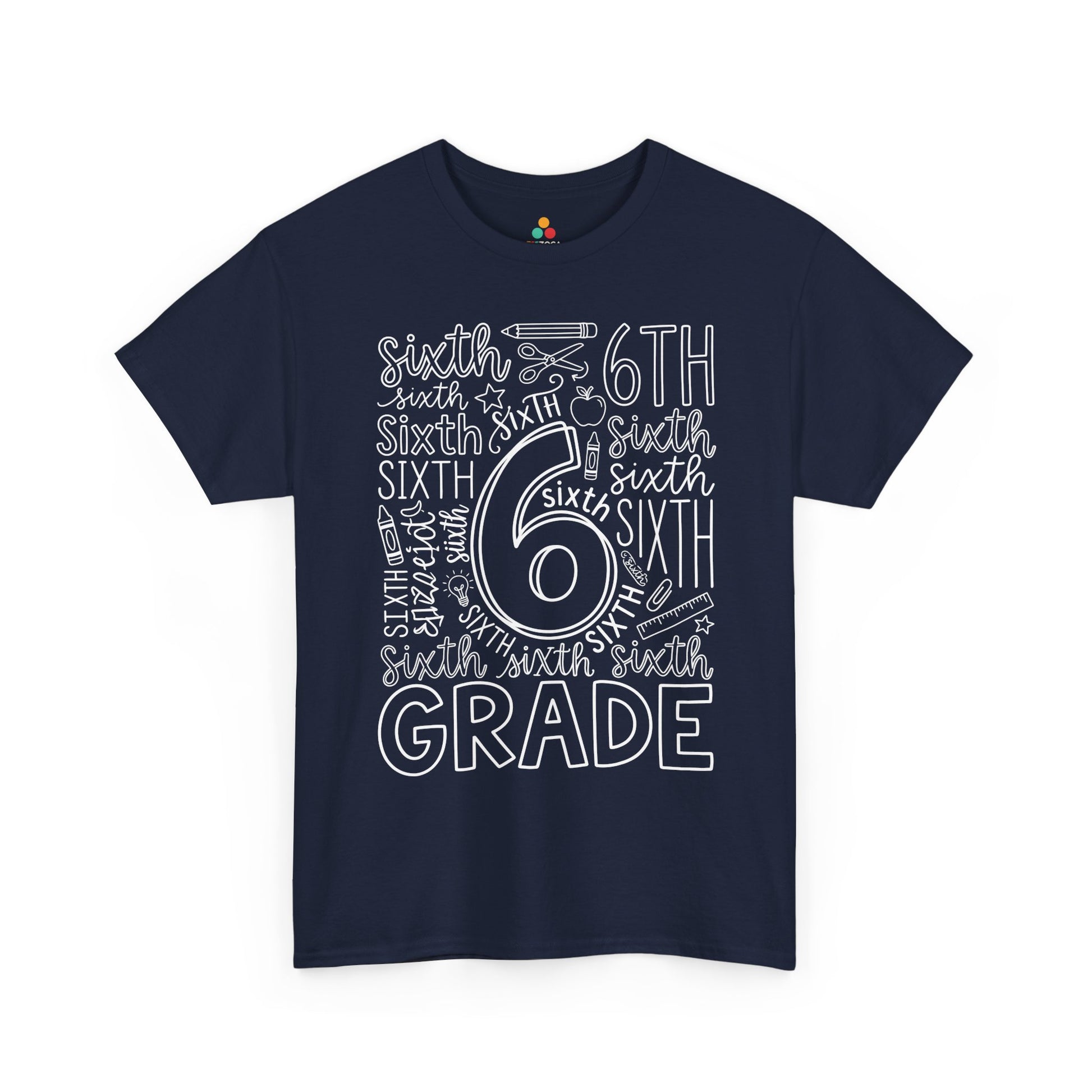 Navy TEEZOCA typography sixth grade tee, a matching teacher shirt for first-day-of-school photos.
