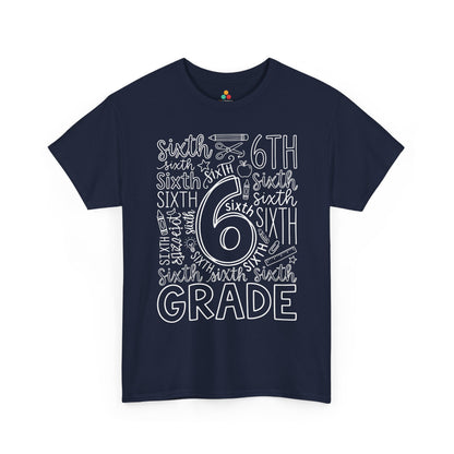 Navy TEEZOCA typography sixth grade tee, a matching teacher shirt for first-day-of-school photos.
