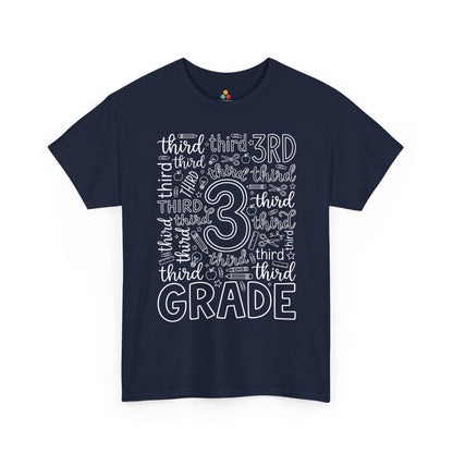 Navy TEEZOCA typography third grade tee, a matching teacher shirt for first-day-of-school photos.
