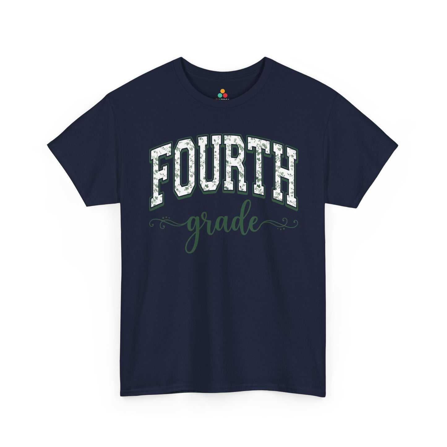 Navy blue t-shirt with 'FOURTH grade' text on a white background. TEEZOCA floral fourth grade shirt for adults, the kind of teacher tee shoppers find on Amazon and Etsy for the new school year.
