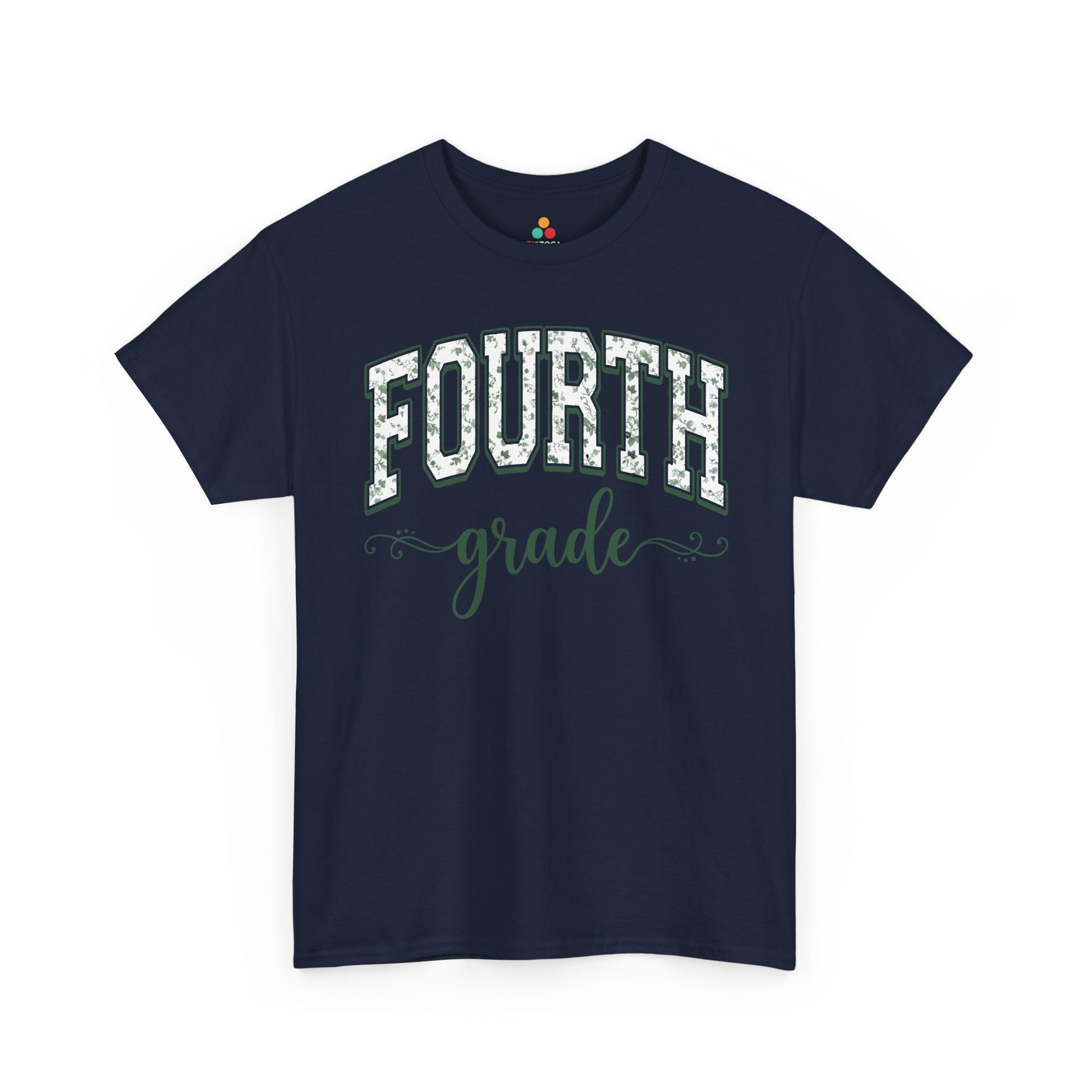 Navy blue t-shirt with 'FOURTH grade' text on a white background. TEEZOCA floral fourth grade shirt for adults, the kind of teacher tee shoppers find on Amazon and Etsy for the new school year.
