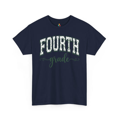 Navy blue t-shirt with 'FOURTH grade' text on a white background. TEEZOCA floral fourth grade shirt for adults, the kind of teacher tee shoppers find on Amazon and Etsy for the new school year.
