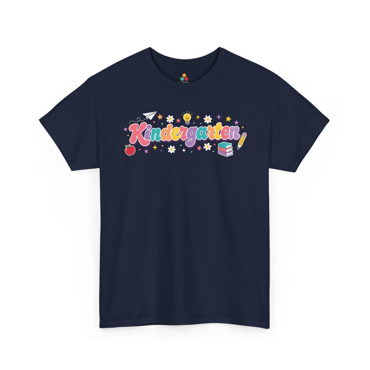 Navy blue t-shirt with 'Kindergarten' design on a white background. TEEZOCA t-shirt featuring colorful retro “Kindergarten” script, a purple shadow, stars, an apple, books, a pencil, and a light bulb for kindergarten teacher shirts.