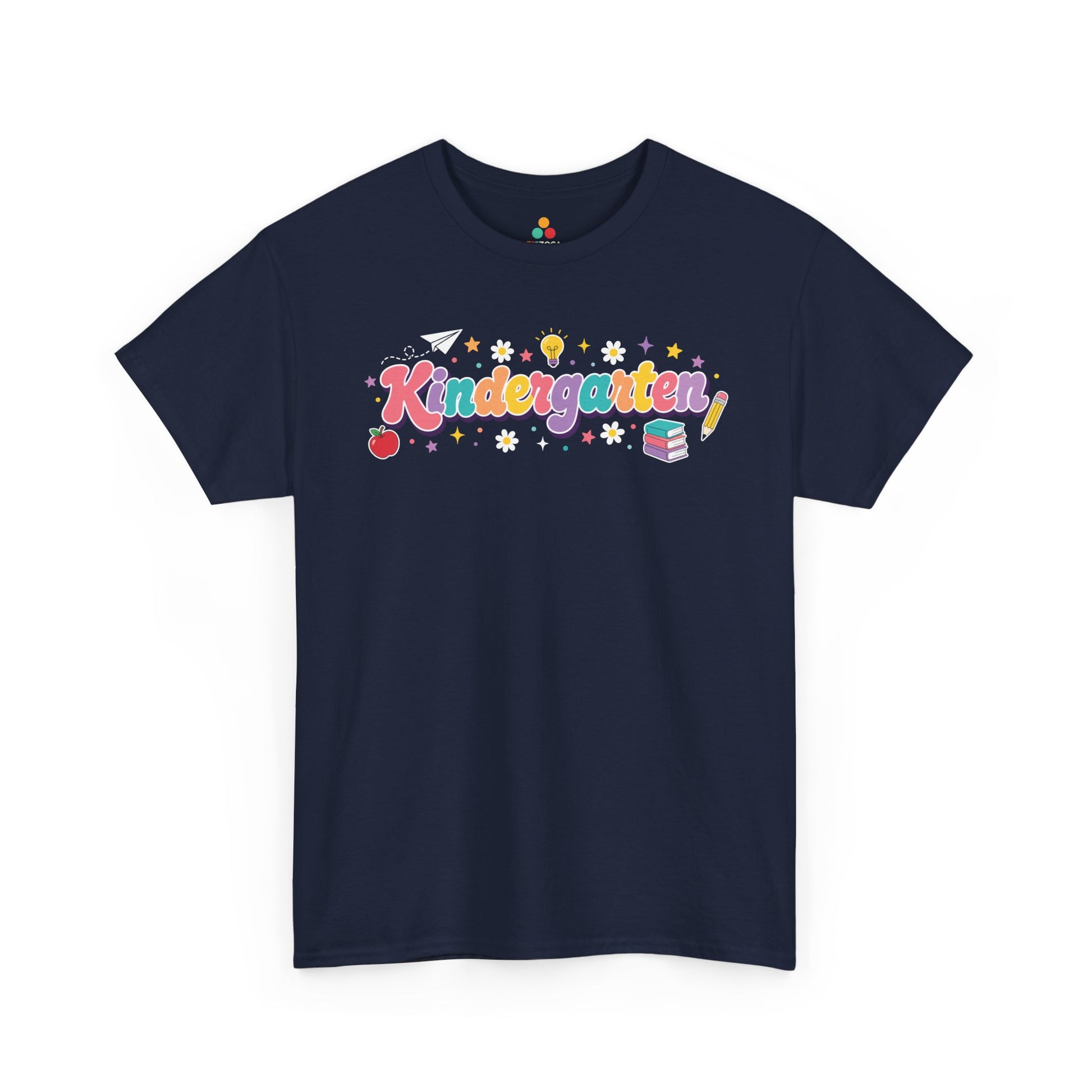 Navy blue t-shirt with 'Kindergarten' design on a white background. TEEZOCA t-shirt featuring colorful retro “Kindergarten” script, a purple shadow, stars, an apple, books, a pencil, and a light bulb for kindergarten teacher shirts.
