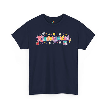 Navy blue t-shirt with 'Kindergarten' design on a white background. TEEZOCA t-shirt featuring colorful retro “Kindergarten” script, a purple shadow, stars, an apple, books, a pencil, and a light bulb for kindergarten teacher shirts.