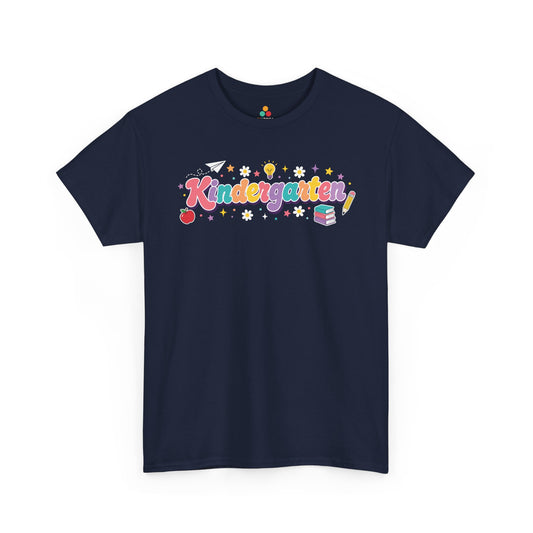 Navy blue t-shirt with 'Kindergarten' design on a white background. TEEZOCA t-shirt featuring colorful retro “Kindergarten” script, a purple shadow, stars, an apple, books, a pencil, and a light bulb for kindergarten teacher shirts.