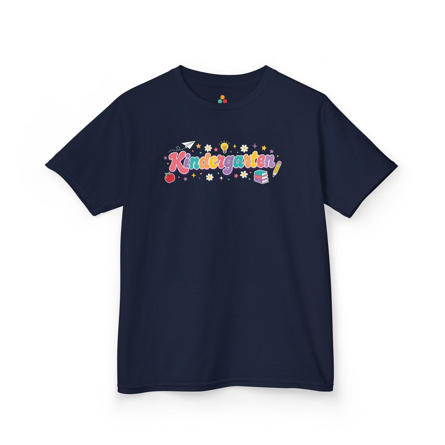 Navy blue t-shirt with 'Kindergarten' text on a white background. TEEZOCA t-shirt with colorful Kindergarten bubble letters, school icons, and stars for a first day of kindergarten shirt design.