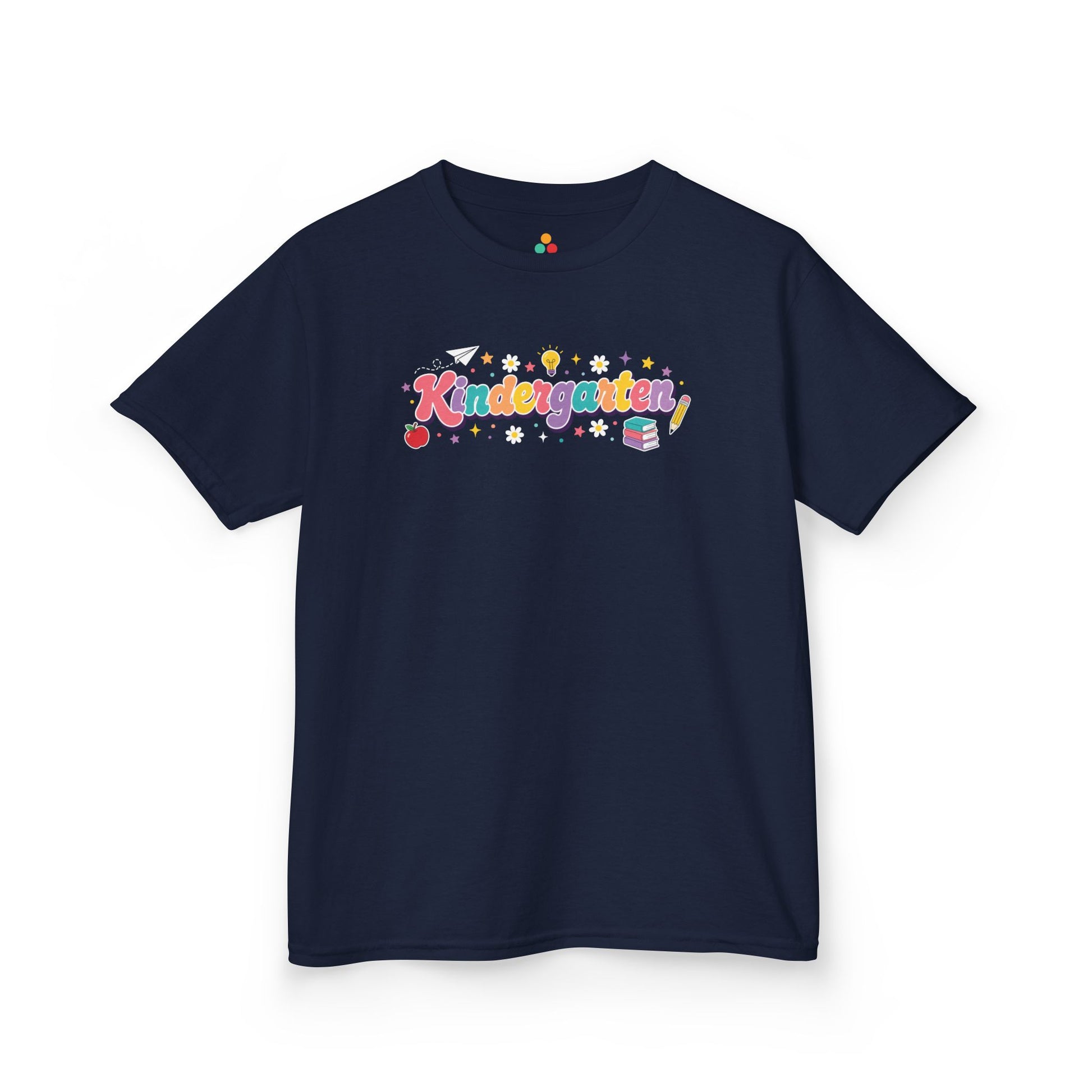 Navy blue t-shirt with 'Kindergarten' text on a white background. TEEZOCA t-shirt with colorful Kindergarten bubble letters, school icons, and stars for a first day of kindergarten shirt design.