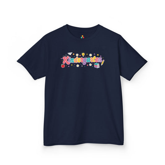 Navy blue t-shirt with 'Kindergarten' text on a white background. TEEZOCA t-shirt with colorful Kindergarten bubble letters, school icons, and stars for a first day of kindergarten shirt design.
