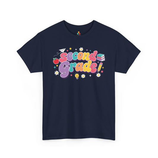 Navy blue t-shirt with 'Second Grade!' text in colorful letters on a white background. TEEZOCA t-shirt featuring oversized retro “Second Grade” bubble lettering, deep purple shadows, school icons, and colorful stars for a second grade teacher shirt.