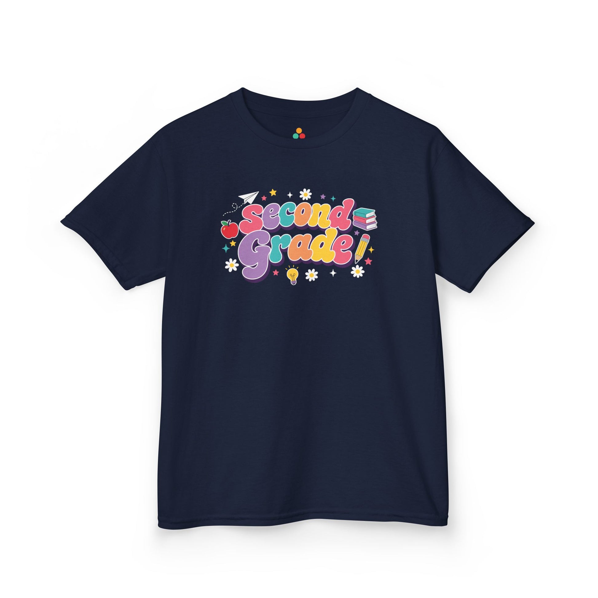 Navy blue t-shirt with 'Second Grade!' text on a white background. TEEZOCA t-shirt with colorful Second Grade bubble letters, school icons, daisies, stars, and a playful second grade shirt design.