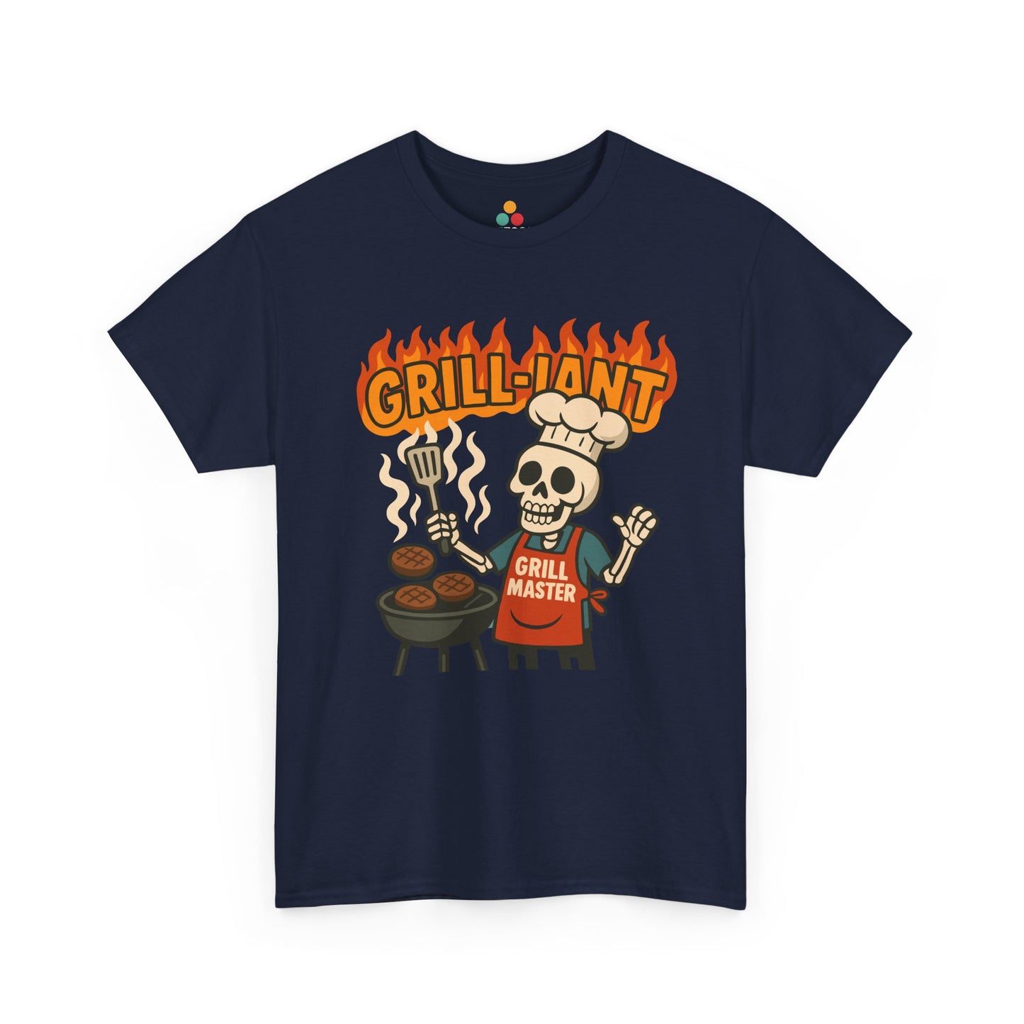 Navy blue t-shirt with a skeleton graphic and 'GRILL-ION' text on a white background