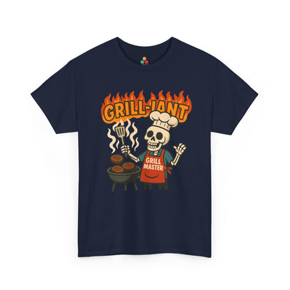 Navy blue t-shirt with a skeleton graphic and 'GRILL-ION' text on a white background