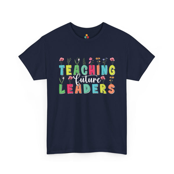 Navy blue t-shirt with colorful Teaching Future Leaders text on a white background