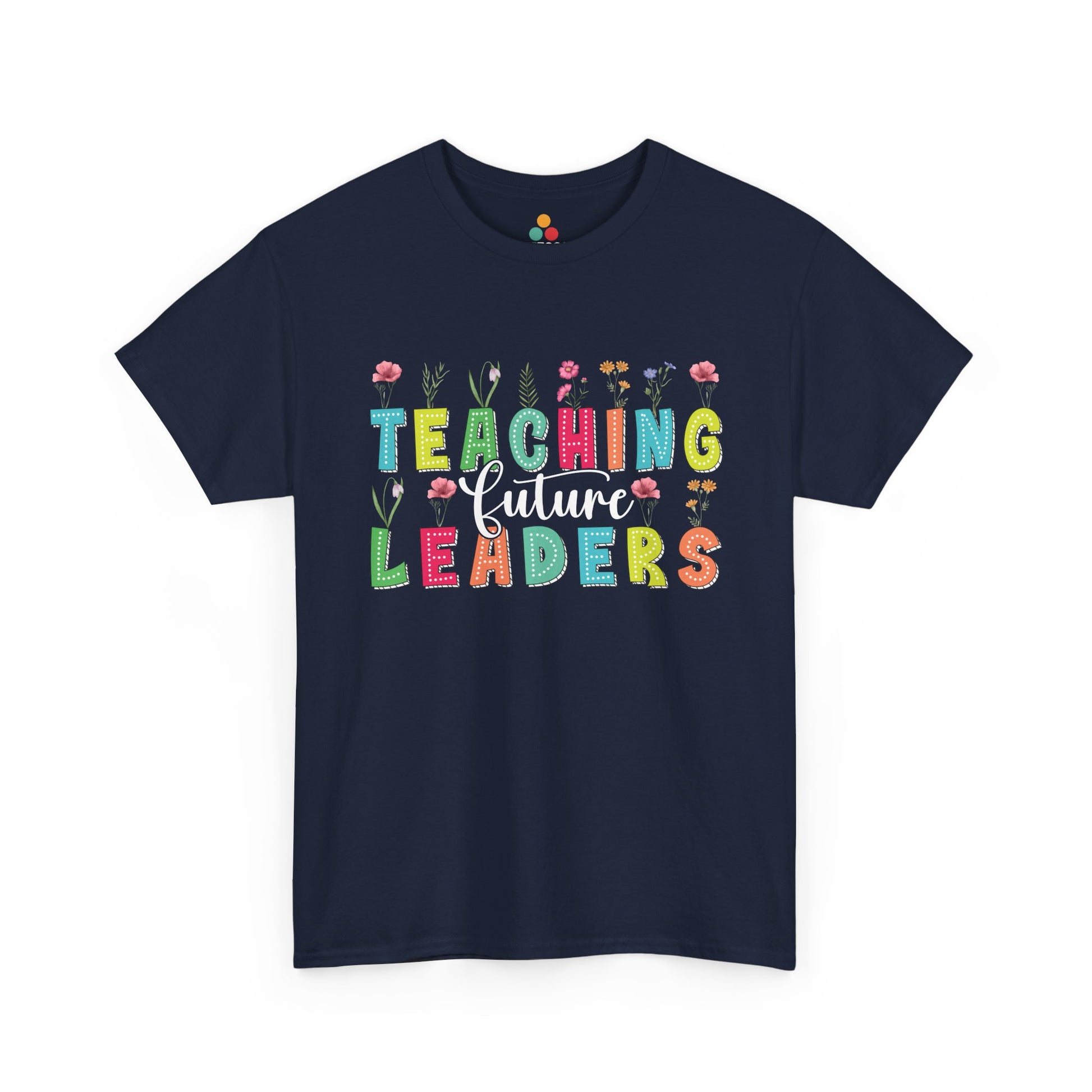 Navy blue t-shirt with colorful 'Teaching Future Leaders' text on a white background