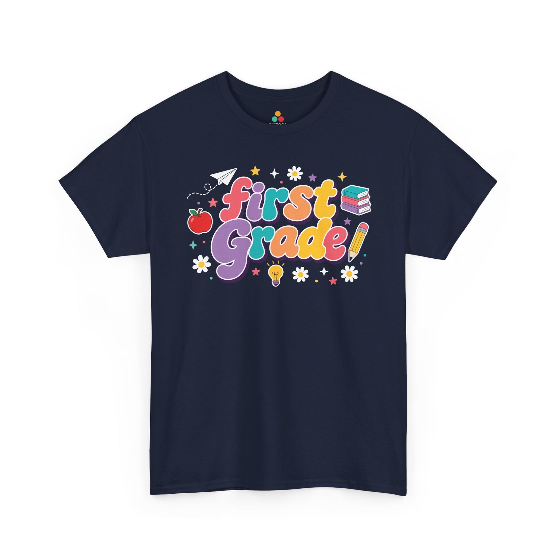 Navy blue t-shirt with 'first Grade!' text and educational graphics on a white background. TEEZOCA t-shirt featuring oversized retro “First Grade” bubble lettering, deep purple shadows, school icons, and colorful stars for a first grade teacher shirt.