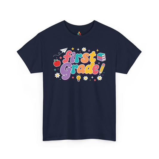 Navy blue t-shirt with 'first Grade!' text and educational graphics on a white background. TEEZOCA t-shirt featuring oversized retro “First Grade” bubble lettering, deep purple shadows, school icons, and colorful stars for a first grade teacher shirt.