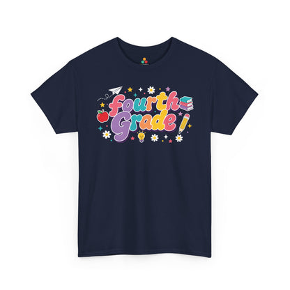 Navy t-shirt with 'Fourth Grade!' text in colorful letters on a white background. TEEZOCA t-shirt featuring oversized retro “Fourth Grade” bubble lettering, deep purple shadows, school icons, and colorful stars for a fourth grade teacher shirt.