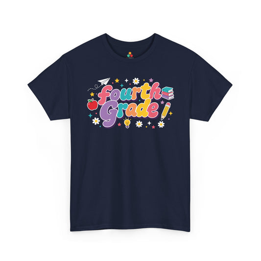 Navy t-shirt with 'Fourth Grade!' text in colorful letters on a white background. TEEZOCA t-shirt featuring oversized retro “Fourth Grade” bubble lettering, deep purple shadows, school icons, and colorful stars for a fourth grade teacher shirt.