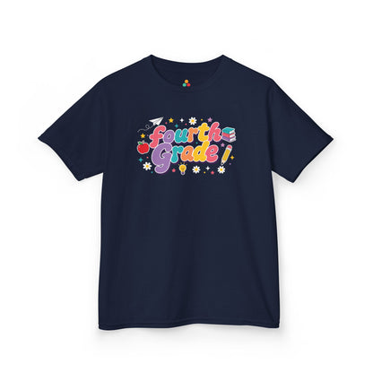 Navy t-shirt with 'Fourth Grade!' text on a white background. TEEZOCA t-shirt with colorful Fourth Grade bubble letters, school icons, daisies, stars, and a playful fourth grade shirt design.