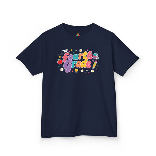Navy t-shirt with 'Fourth Grade!' text on a white background. TEEZOCA t-shirt with colorful Fourth Grade bubble letters, school icons, daisies, stars, and a playful fourth grade shirt design.